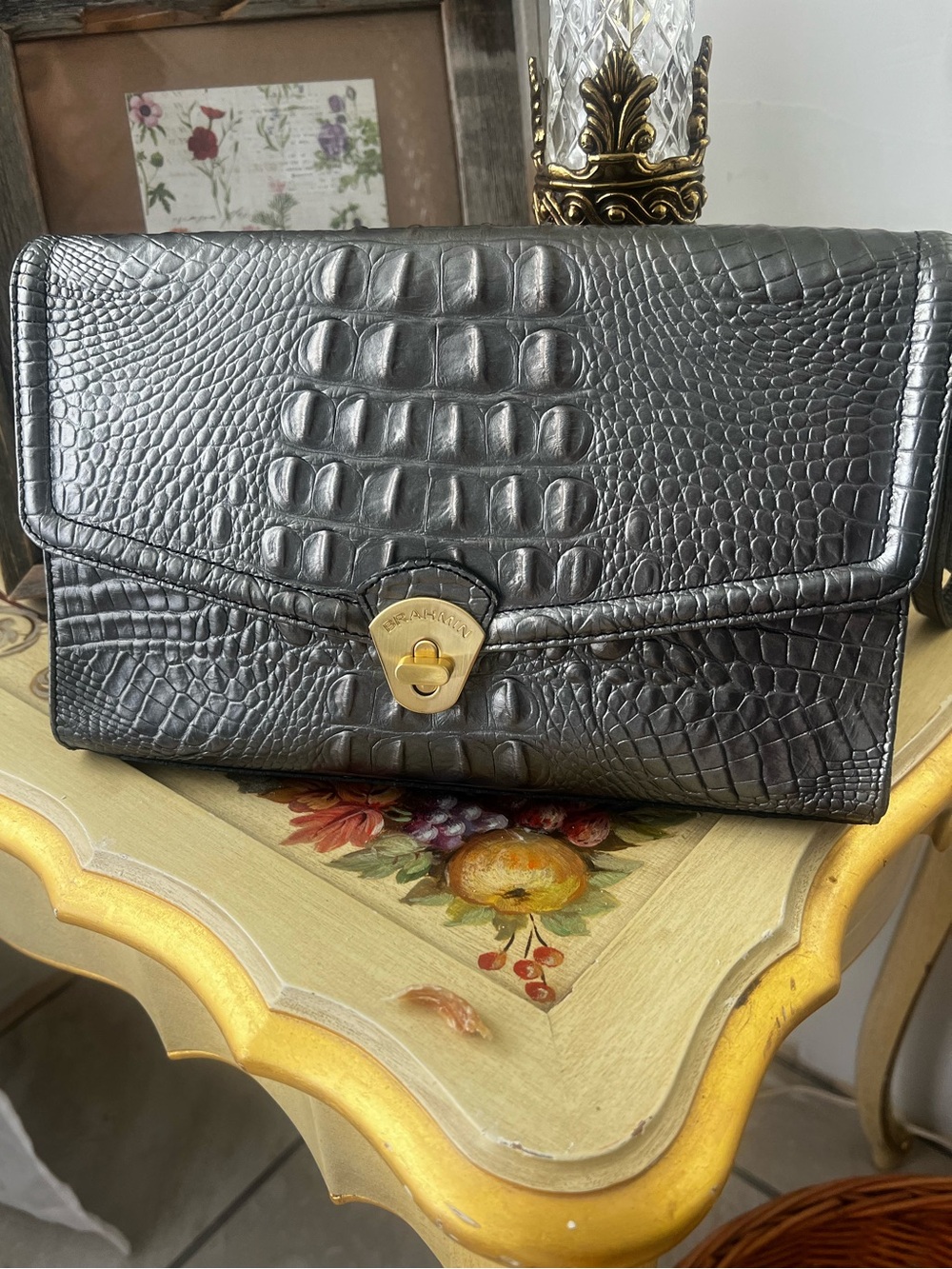Brahmin Black Croc-Embossed Leather Clutch with Gold Hardware
